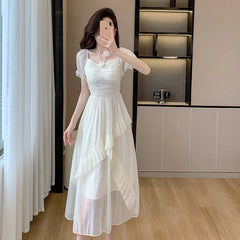 Elegant Fashion Casual Ruffle Midi Dresses for Women Summer New Korean Style Chic Short Sleeve Chiffon Pink Female Clothing