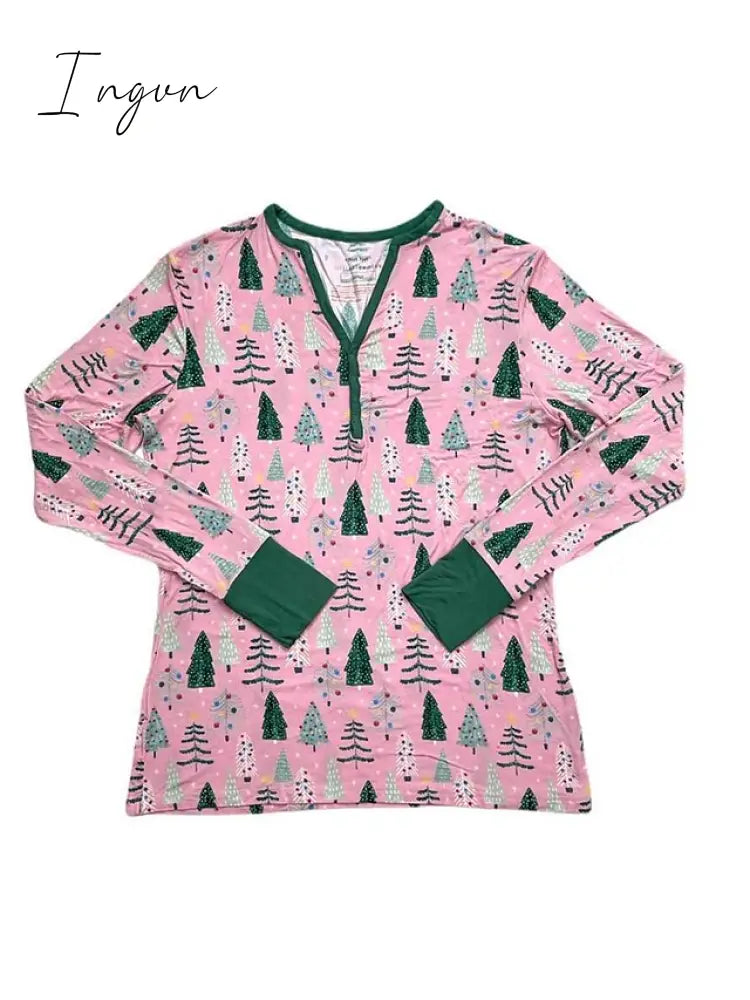 Ingvn - Women's Pajamas Sets Trees Fashion Casual Comfort Christmas Cotton Breathable V Wire Long Sleeve Shirt Pant Button Fall Winter Pink Green