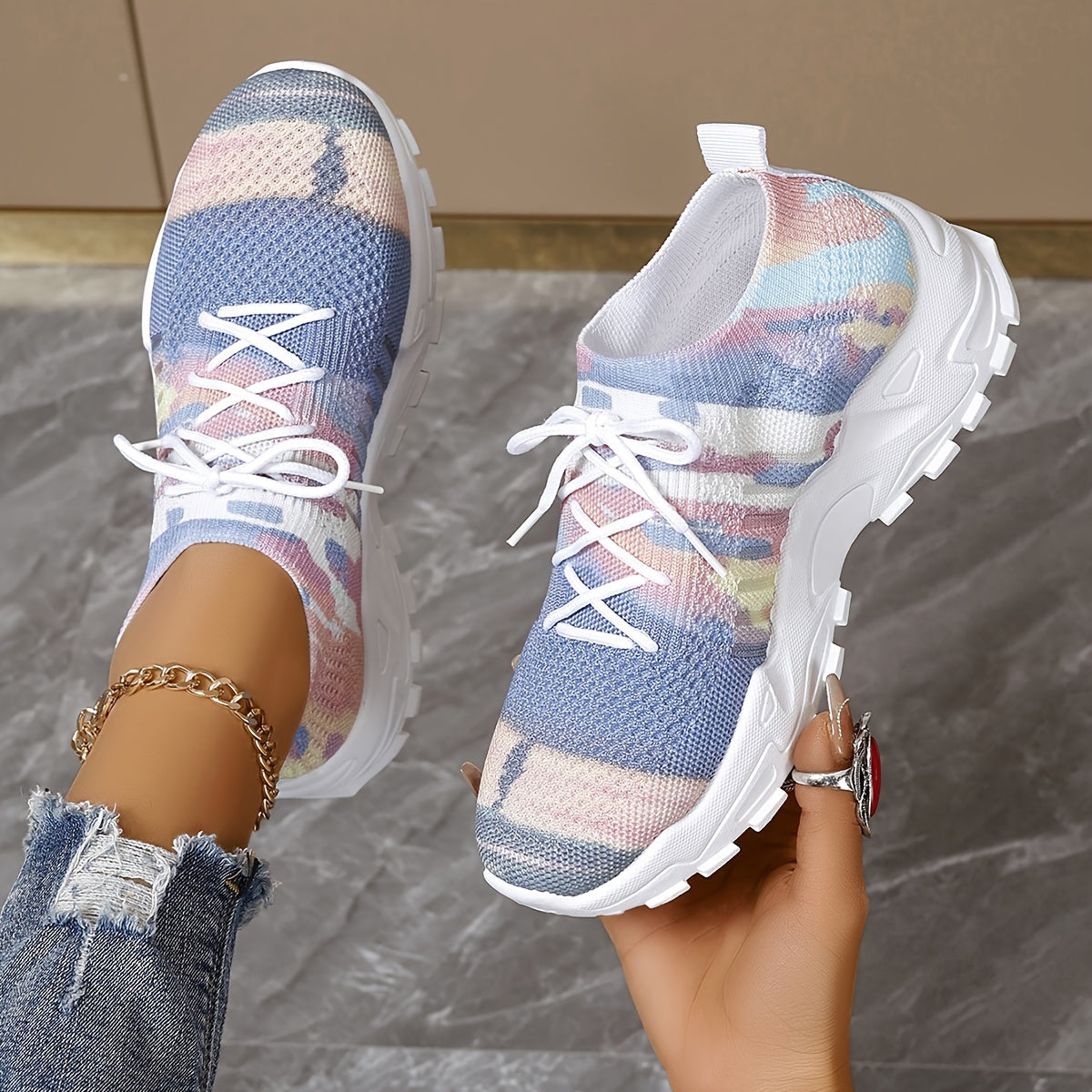 Women's Color Block Lightweight Mesh Sneakers, Low-Top Lace-up Casual Shoes, Breathable Comfortable Running Shoes
