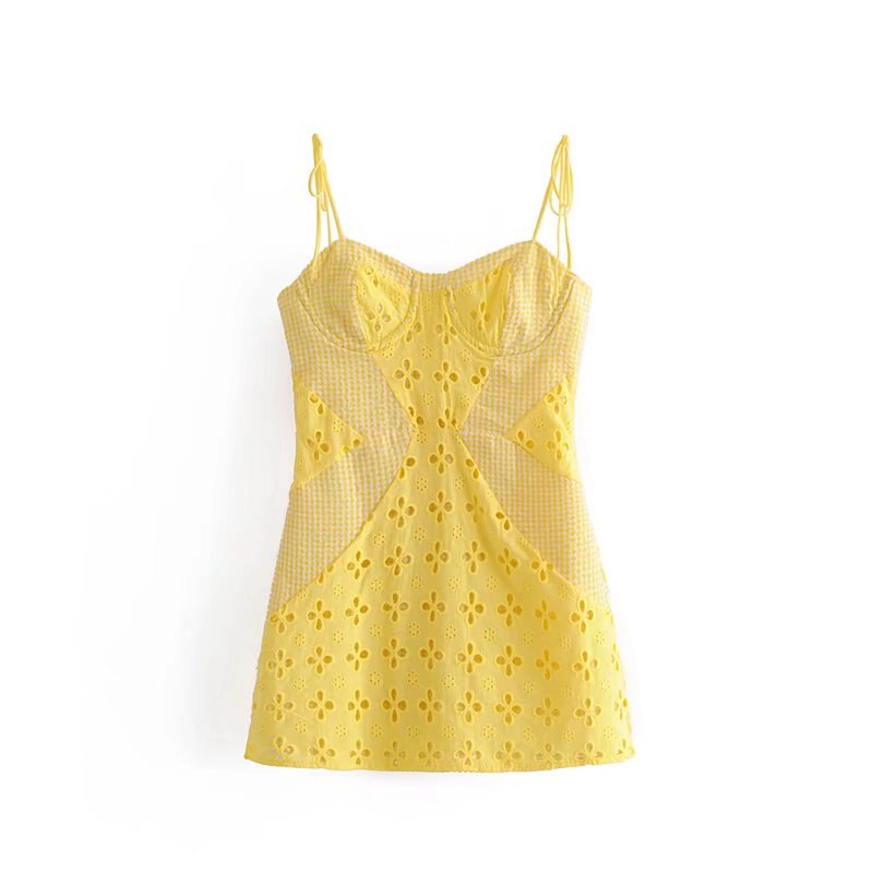 Voguable  Women Yellow Lace Trim Spaghetti Strap Bodycon Mini Dress Romantic Lady Backless Sleeveless Party Club Sexy Dress