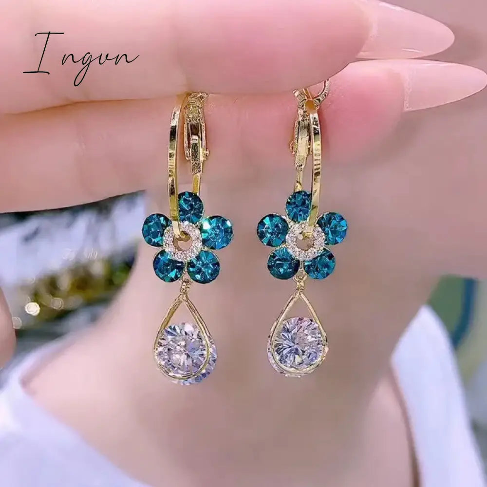 New Purple Crystal Flower Dangle Earrings For Women Girls Shining Zircon Love Heart Waterdrop Earring Wedding Luxury Jewelry