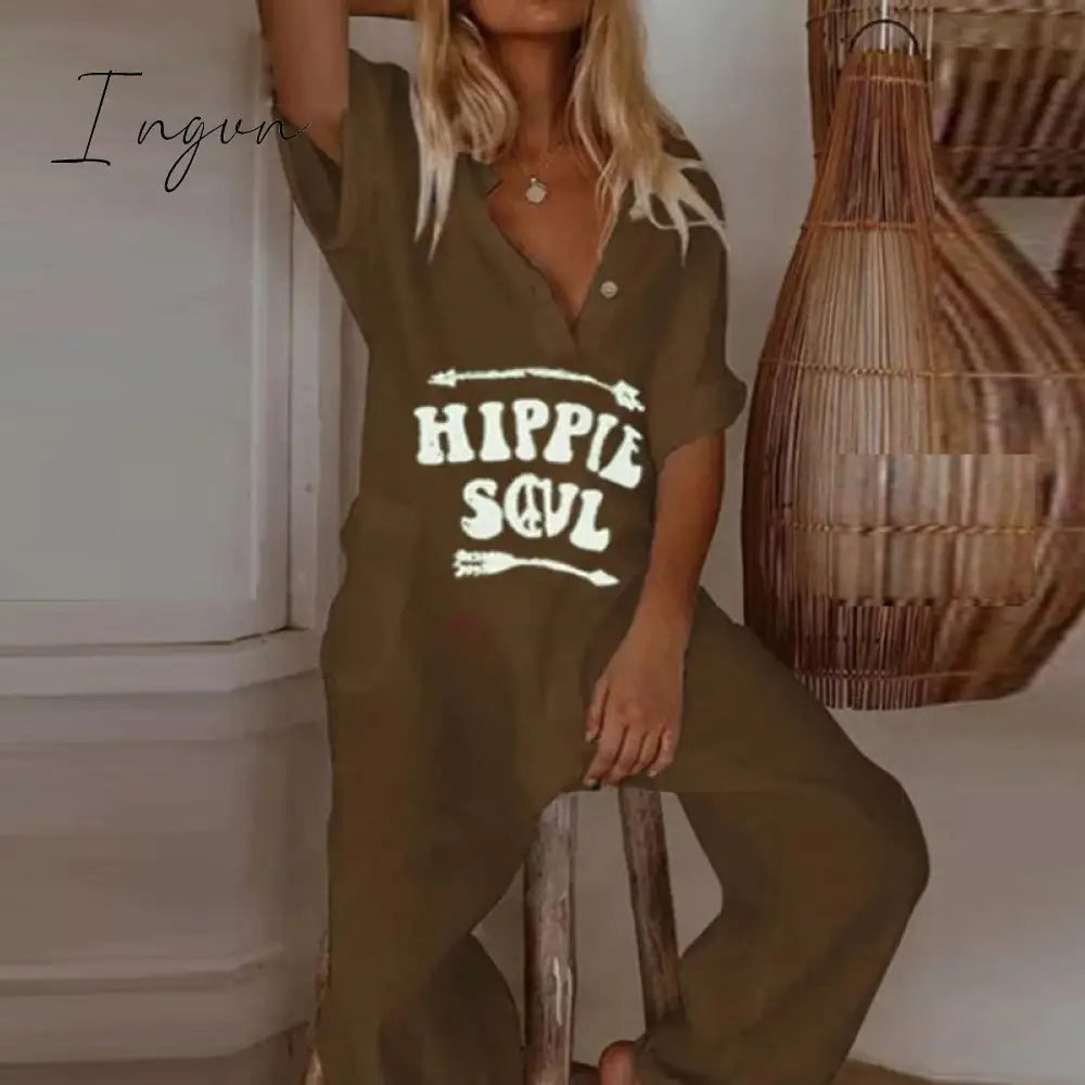 Ingvn - Summer Short Sleeve Eyelash Print Jumpsuit Casual Women Cotton Linen Playsuits V Neck Button Loose Overalls Romper Bodysuit