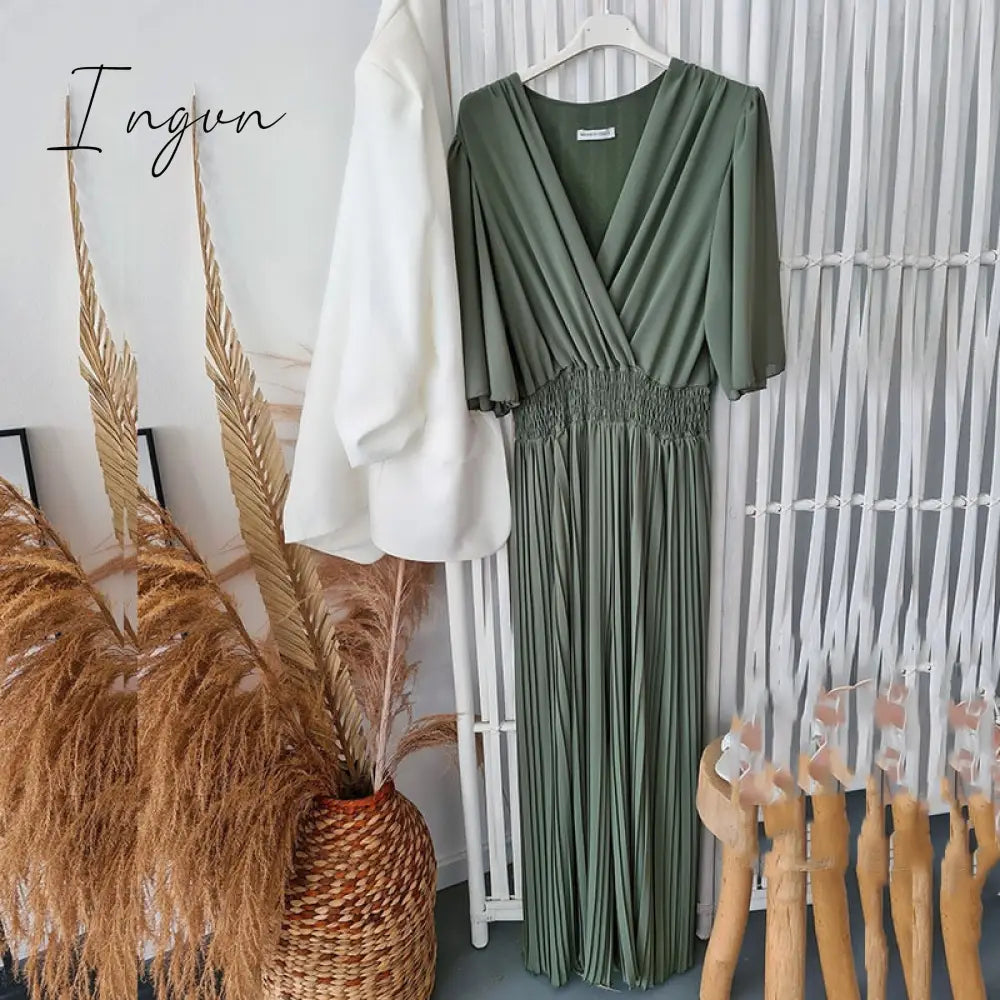 Ingvn - Women V Neck Short Sleeve Office Romper Elegant Casual Solid Color Long Jumpsuits Fashion Simple Elastic Waisted Pleated Rompers