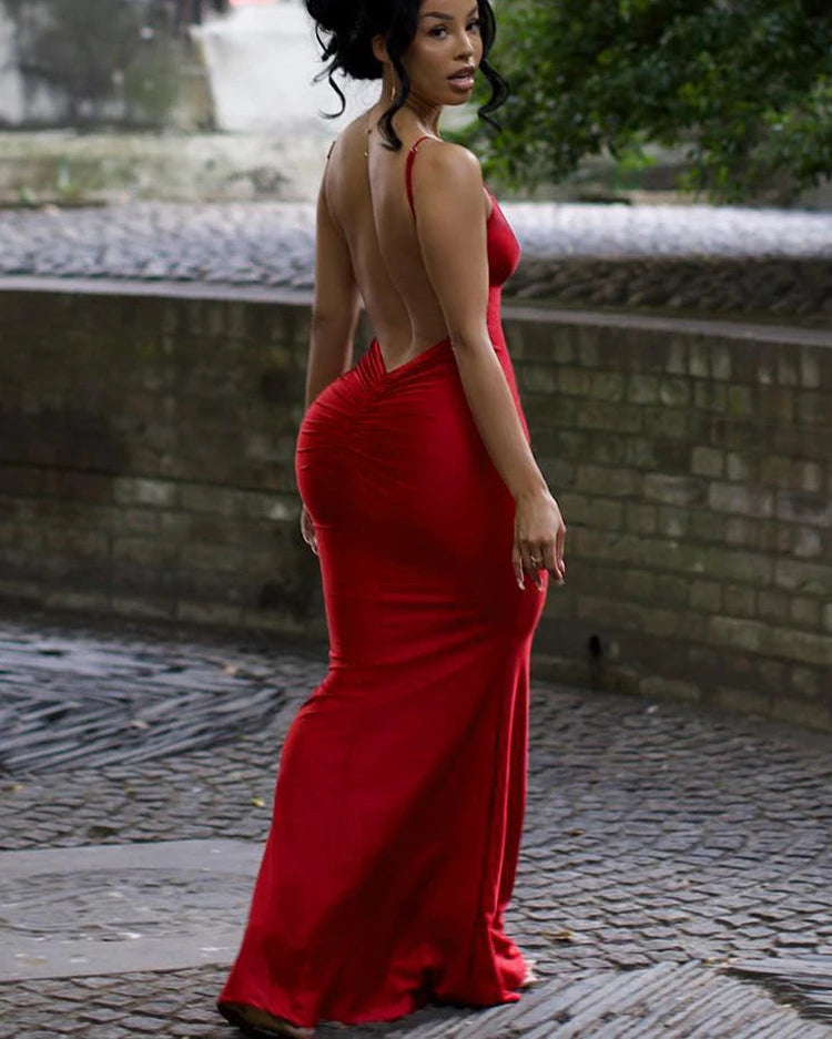 Sexy Backless Women Evening Maxi Dress Folds V-Neck Sleeveless Coquette Elegant Mermaid Matching Banquet Prom Bodycon