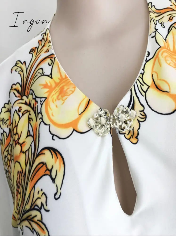 Ingvn - Lotus Leaf Digital Print Maxi Dress Spring and summer retro style African ladies loose V-neck dress
