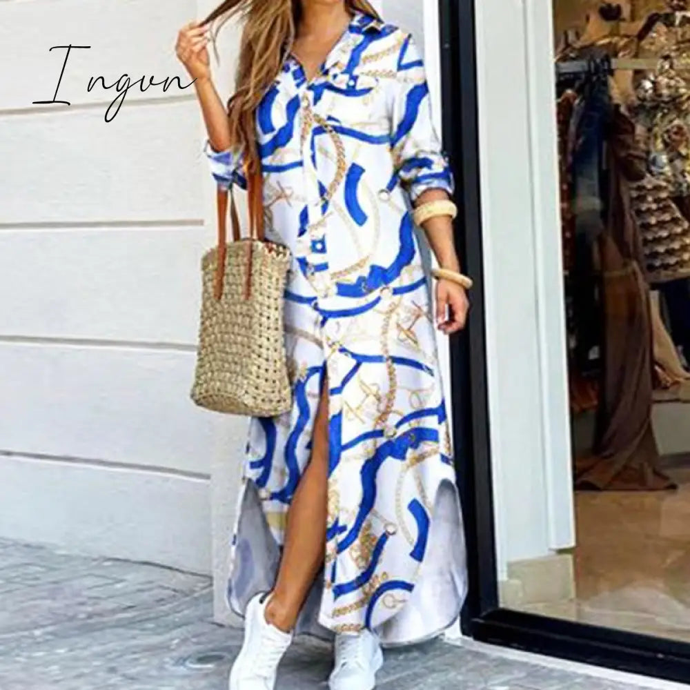 Ingvn - Fashion Women Long Sleeve Shirt Dress Autumn  Printed OL Long Dresses Laides Turn-down Collar Loose Sundress Party Dresses