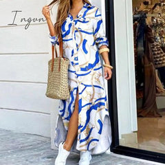 Ingvn - Fashion Women Long Sleeve Shirt Dress Autumn  Printed OL Long Dresses Laides Turn-down Collar Loose Sundress Party Dresses
