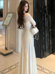 Elegant Solid Mermaid Long Dress for Women Autumn Chic Off Shoulder Flare Sleeve Bodycon Vestidos Vintage Evening Party Robe New