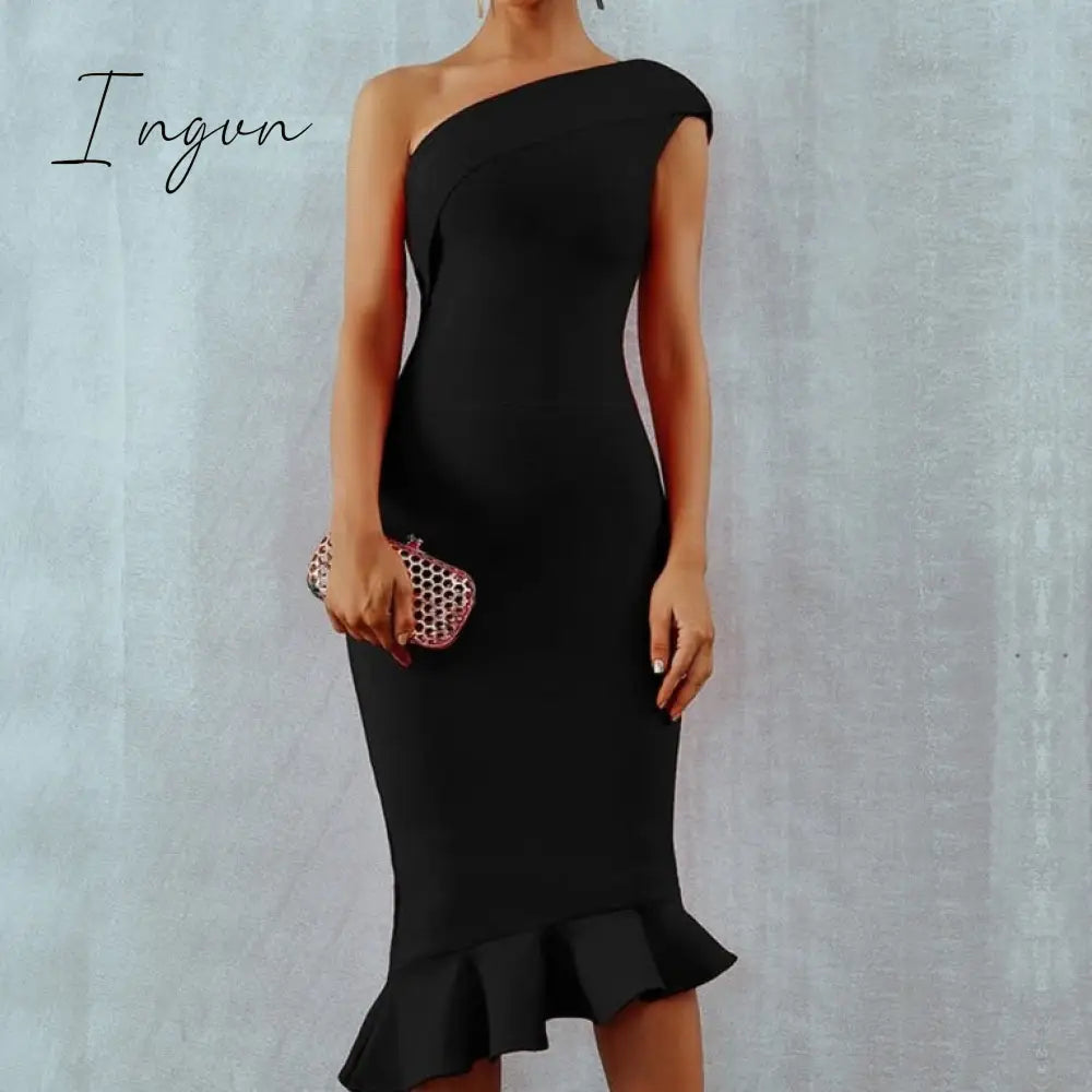 Ingvn - New Summer Women Bandage Dress Sexy One Shoulder Sleeveless Ruffles Nightclub Celebrity Evening Party Mermaid Dresses