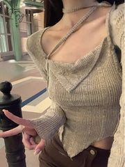 Ingvn - Elegant Knitted Sweater Women Long Sleeve Y2k Crop Tops Korean Style Short Pullover Pure Color Fashion Blouse Design