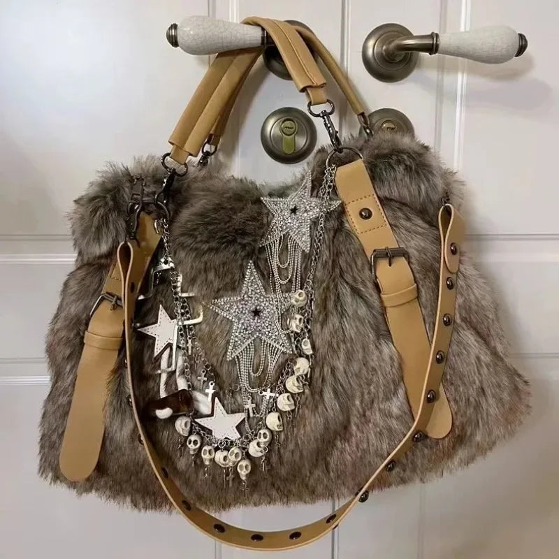 Ingvn  Y2k Gothic Womens Tote Bag Fluffy Harajuku Fashion Chains Patchwork Winter Shoulder Bag Vintage New Large Capacity Handbag