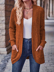 Solid Color Open Front Cardigan, Versatile Long Sleeve Pockets Cardigan For Spring & Fall, Women's Clothing