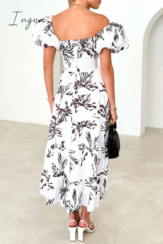 Ingvn - Sweet Elegant Floral Hollowed Out Off the Shoulder Printed Dress Dresses