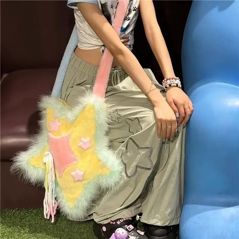 INGVN  Y2k Shoulder Bag for Women Star Shape Applique Tassel Soft Plush Shoulder Bag Sweet Cool Gothic Fashion Designers Handbag