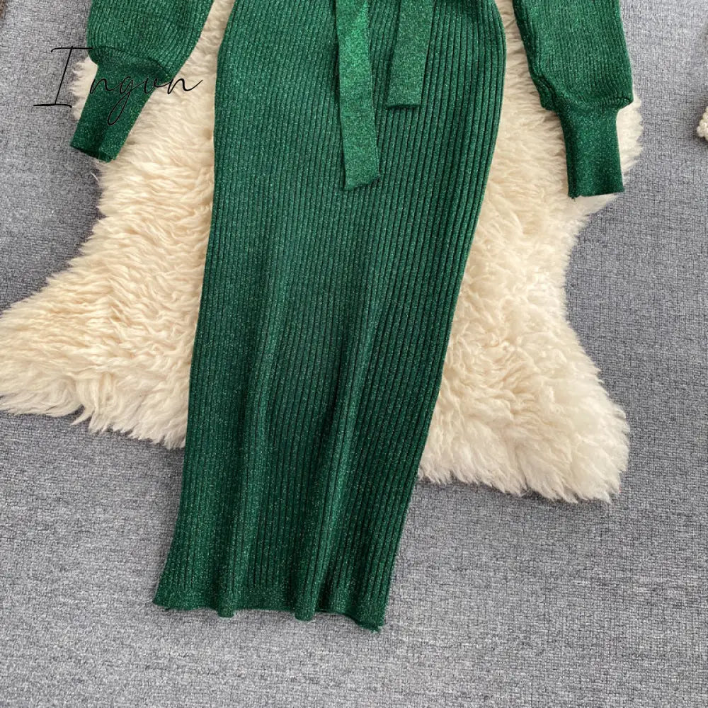 Ingvn - Women Shiny Knitted Dress Sexy V Neck Puff Sleeve Elastic Sheath Knitting Dress Autumn Solid Bow Sashes Pencil Dress