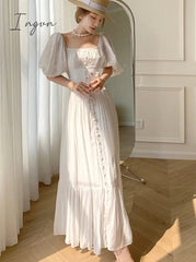 Ingvn - Women Dress 2023 Summer French Elegant Temperament Seaside Vacation Clothes Puff Sleeve Square Neck White Beach Dresses
