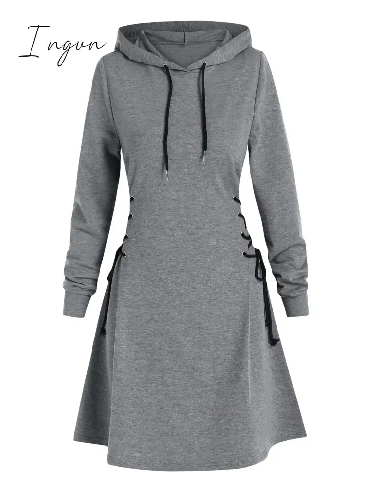 Ingvn - Casual Women Long Sleeve Autumn Dress Drawstring Lace Up Mini Hoodie Dress Vestidos Femme Gothic Fashion Dress Streetwear