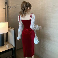 Ingvn - New Red Gold Velvet Dress Foreign Style Autumn and Winter  Temperament Bubble Sleeves Hepburn Wind Little Red Dress New Years Eve Outfits Women