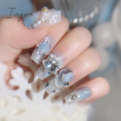 Handmade Press on Nails Long Ballet Blue Fake Nails with 3D Snowflake Moon Rhinestone Design False Nails Full Cover Nail Tips