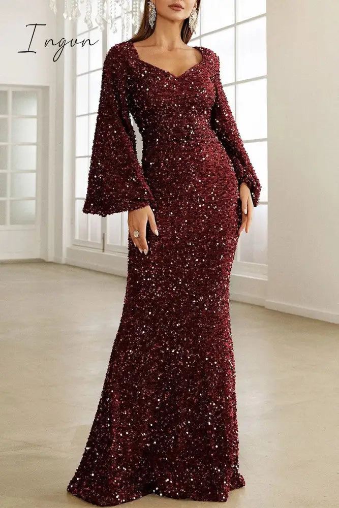 Ingvn - Elegant Formal Solid Sequins V Neck Evening Dress Dresses
