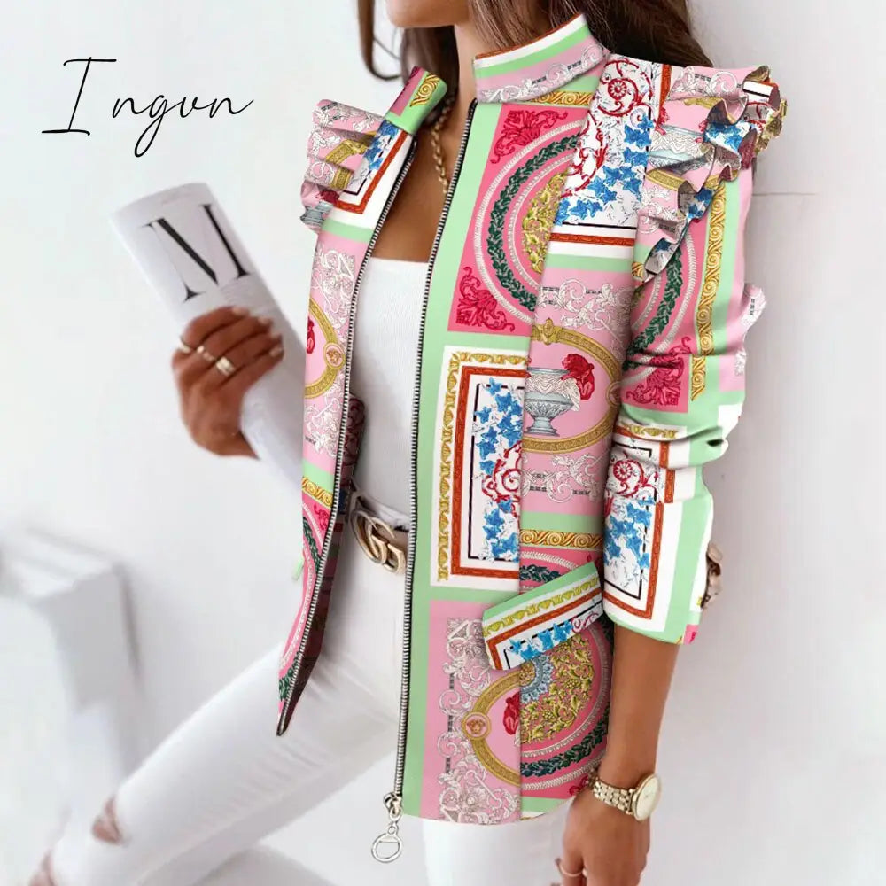 Ingvn - Casual Plaid Zip Blazer Jacket Women Spring Fall Long Sleeve Stand Neck Slim Coats Elegant Leopard Ruffle Office Suit Coat