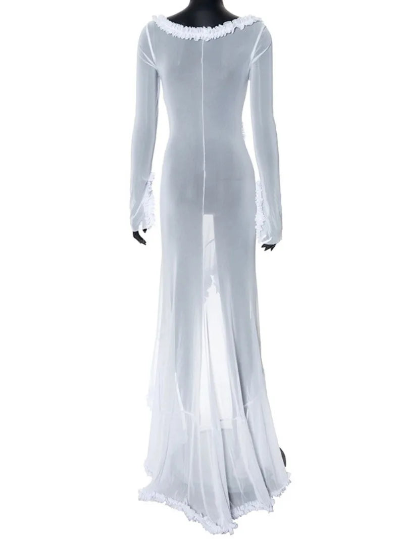 Ingvn  Woman Elegant Hollow Out Long Maxi Vacation Dress  Summer V-neck Ruffles See-through Formal Occasion Evening Party Dresses