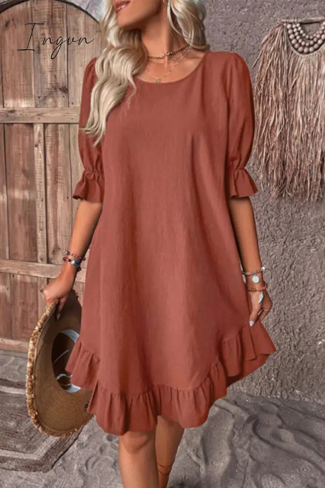 Ingvn - Casual Simplicity Solid Asymmetrical O Neck A Line Dresses