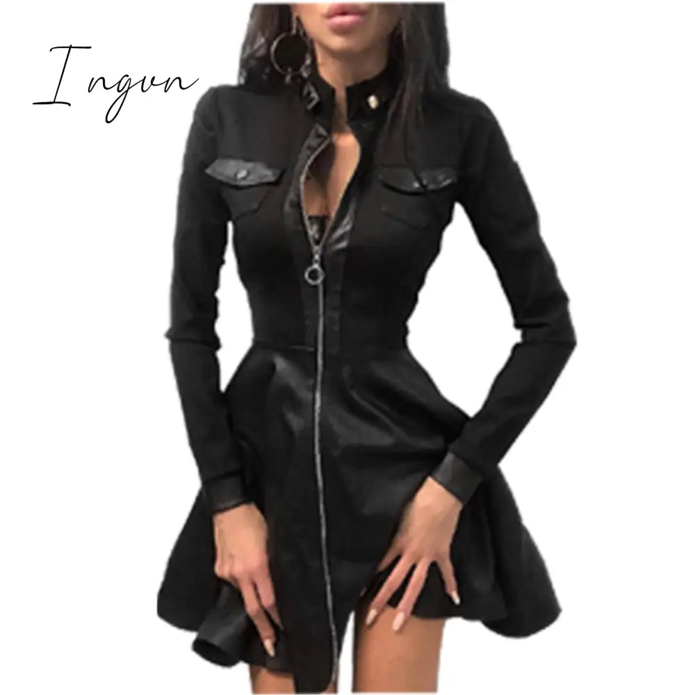 Ingvn - Women Plus Size 5XL Summer Lace Sleeve PU Faux Leather Mini Dress V-Neck Zipper Party Dress Sexy Bodydon Dress