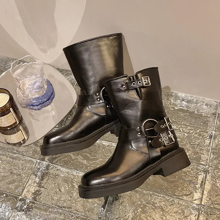 Woman Boots Knee High Platform Elegant Low Heel Trend Punk Gothic New Pu Leather Fashion Women's Shoes Motorcycle Botas Footwear
