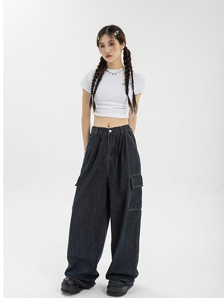 Harajuku Oversize Cargo Pants Women Japanese Streetwear Loose Wide Leg Trousers for Female Pockets Baggy Jeans Pant