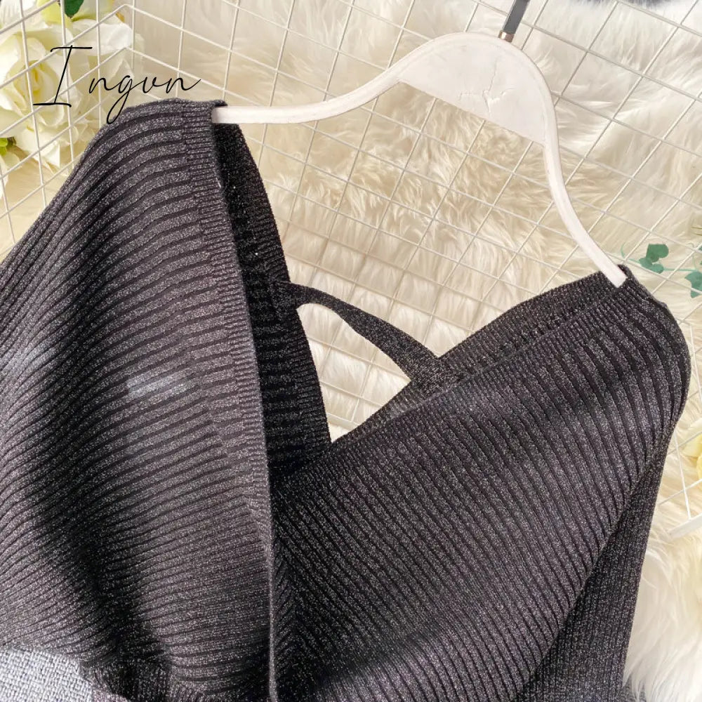 Ingvn - Women Shiny Knitted Dress Sexy V Neck Puff Sleeve Elastic Sheath Knitting Dress Autumn Solid Bow Sashes Pencil Dress