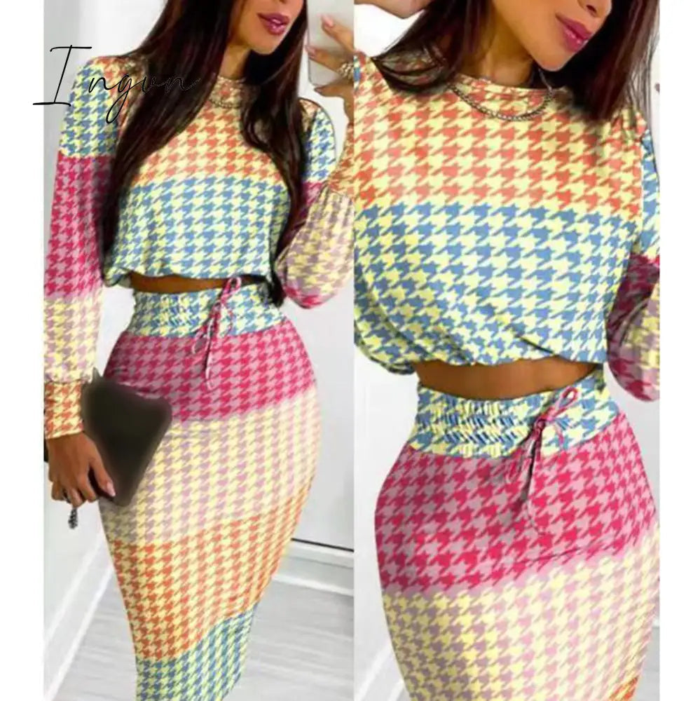 Ingvn - Sexy Crop Long Sleeve Pink Bodycon Dress Sets Women Autumn Print Cropped Feminino Two Piece Set Women Skirt Dress Suits