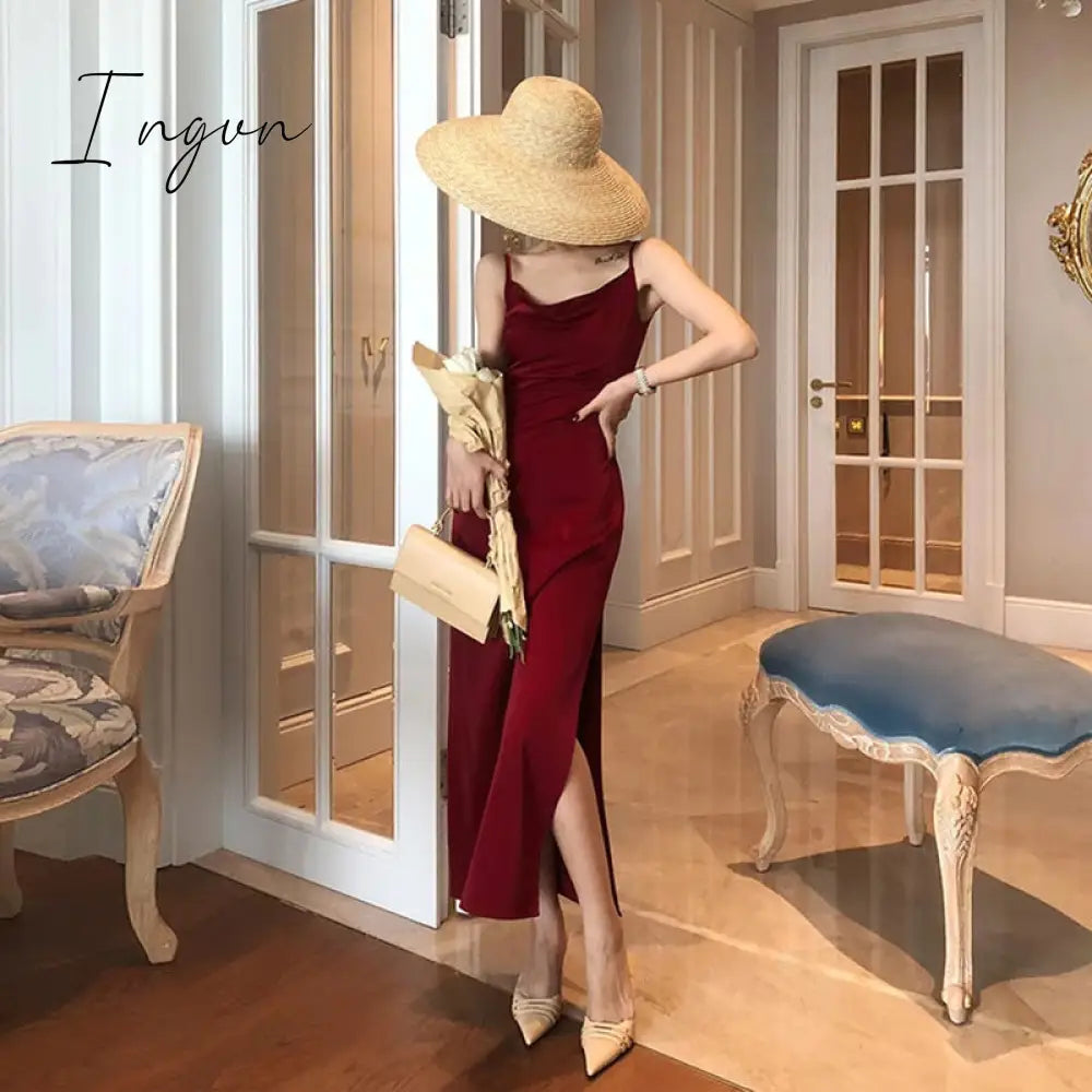 Ingvn - New French Vintage Women Elegant Party Dresses  Summer Red Silk Mid Length Spaghetti Straps Long Satin Dress