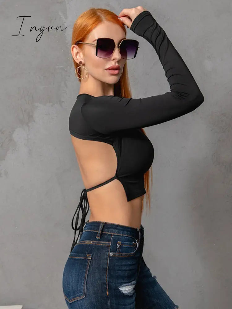 Ingvn - Round Neck Cropped Backless Tie Back Blouse