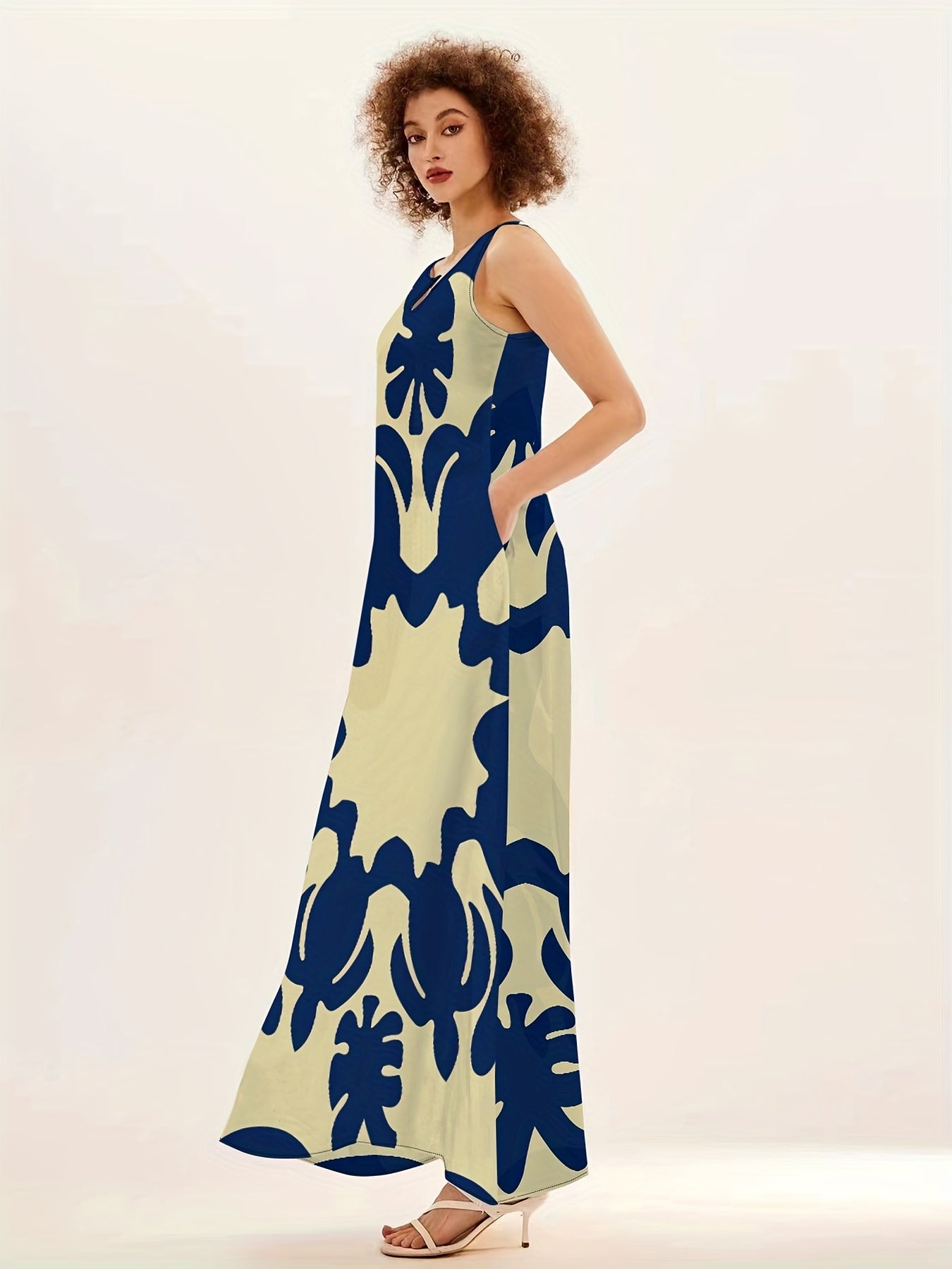 Boho Chic Sleeveless V-Neck Maxi Dress - Eye-Catching Graphic Print, Perfect for Spring & Summer - Womens Airy Beachwear