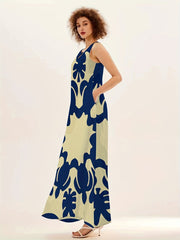 Boho Chic Sleeveless V-Neck Maxi Dress - Eye-Catching Graphic Print, Perfect for Spring & Summer - Womens Airy Beachwear