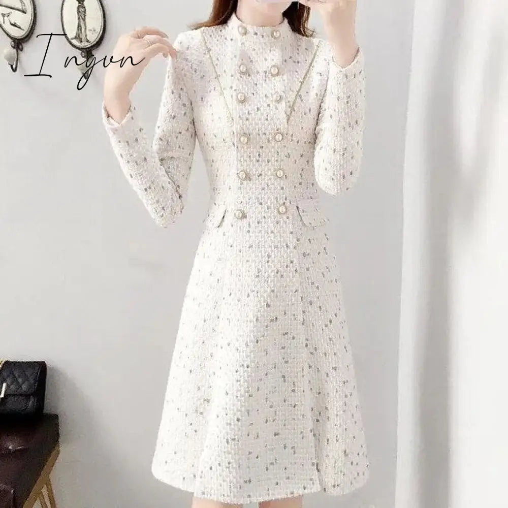 Ingvn - New Arrival Autumn And Winter Runway Women Elegant Tweed Dress Bow Collar Long Sleeve Female Fashion Chic Vestidos