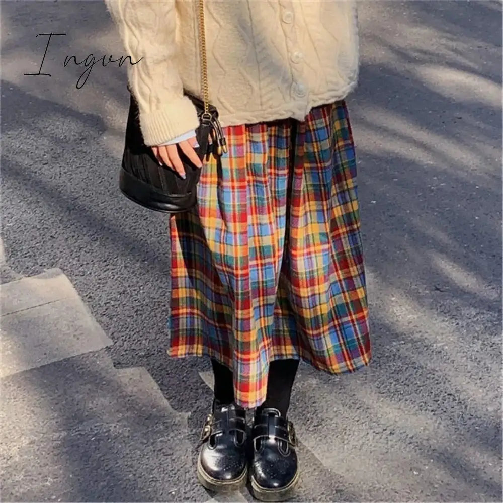 Ingvn - Japanese Rainbow High Waist A-Line Wool Plaid Skirt Female Students Preppy Style Wild Midi Skirt Women Autumn Long Skirt