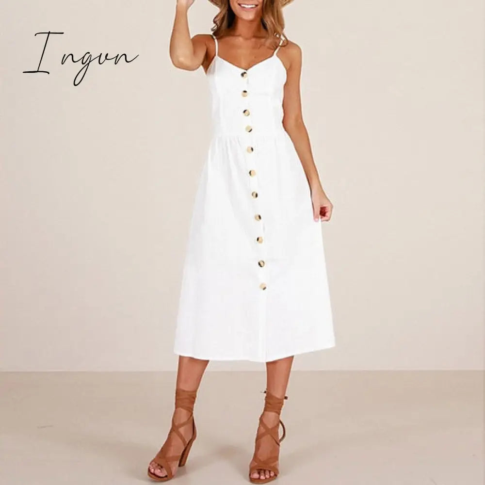 Ingvn - Boho Sexy Floral Dress Summer Vintage Casual Sundress Female Beach Dress Midi Button Backless Polka Dot Striped Women Dress