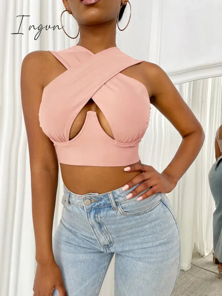 Ingvn - Women's Criss Cross Tank Tops Sexy Sleeveless Solid Color Cutout Front Crop Tops Party Club Streetwear Summer Lady Bustier Tops