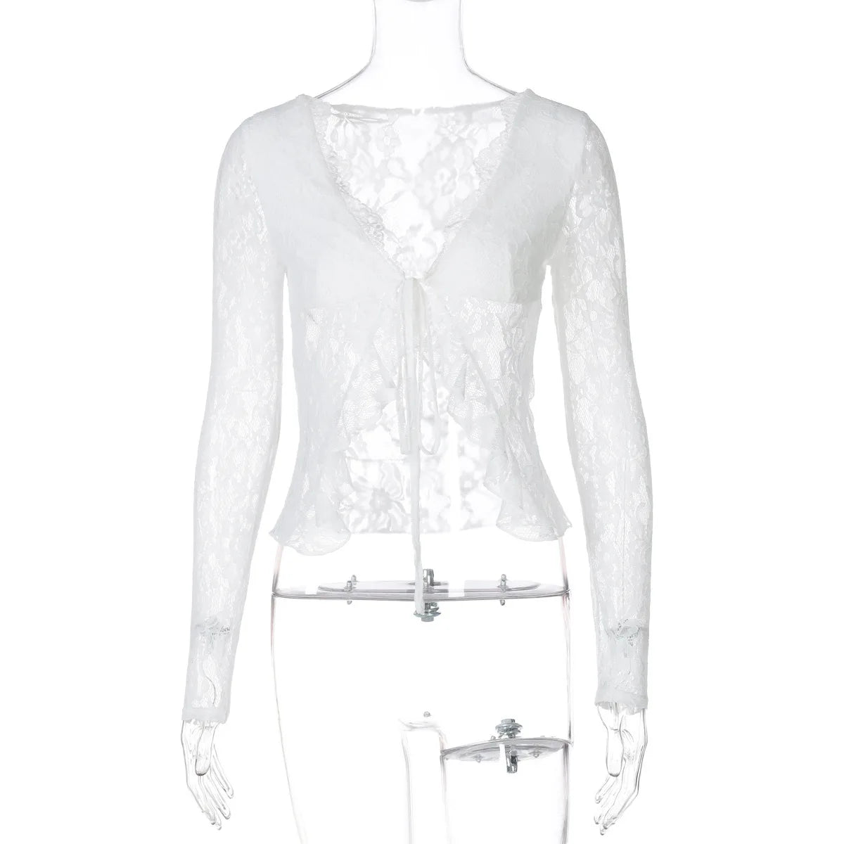 Sexy Lace V-neck See Through Lace-up Long Sleeve Cardigan Crop Top For Women Fashion Hollow Out Slim Club Party Tops