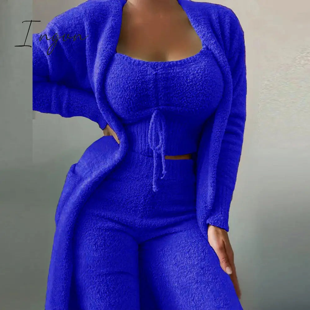 Ingvn - Women Elegant Fleece Soft 3 Piece Suit Fashion Square Collar Drawstring Tops+Long Cardigan Outfits Casual Pajamas Solid Set