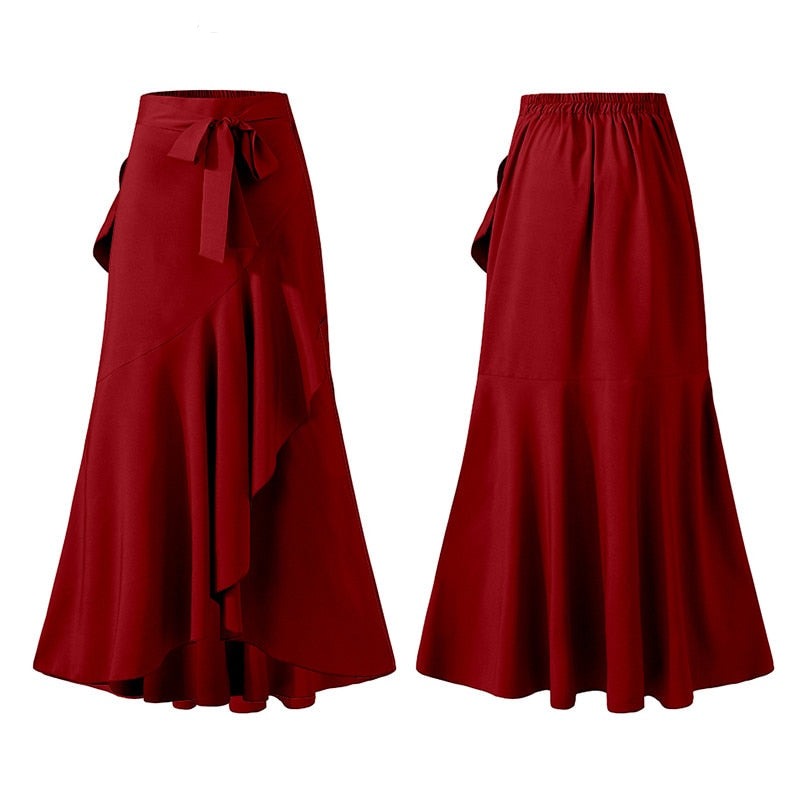 Long Skirt Fashion Women Fishtail Maxi Skirts High Waist Belted Party Jupe Sexy Casual Loose Holiday Ruffles Skirts