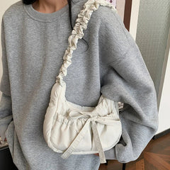 Ingvn  Popular Preppy Style Nylon Bow Hobo Bag Women Cute Pretty Pleated Shoulder Crossbody Bag Drawstring Exquisite Shoulder Bag