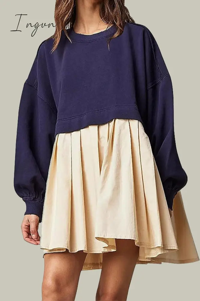 Ingvn - Casual Solid Patchwork Contrast O Neck Pleated Dresses