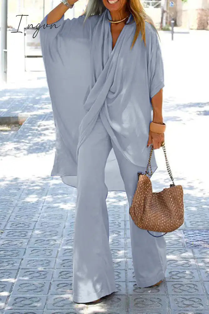 Ingvn - Casual Solid Patchwork Fold Asymmetrical V Neck Half Sleeve Two Pieces(5 colors)