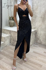 Ingvn - Sexy Party Solid Sequins Sequined V Neck Irregular Dress Dresses