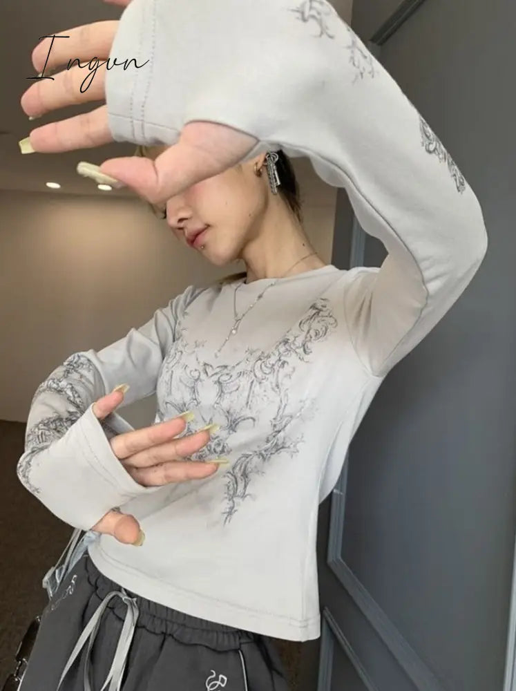 Ingvn - Vintage Women Clothes Y2k T-shirts 2023 Blusas Mujer De Moda O-neck Long Sleeve Print Tunic Woman Tshirts Fashion Casual Tops