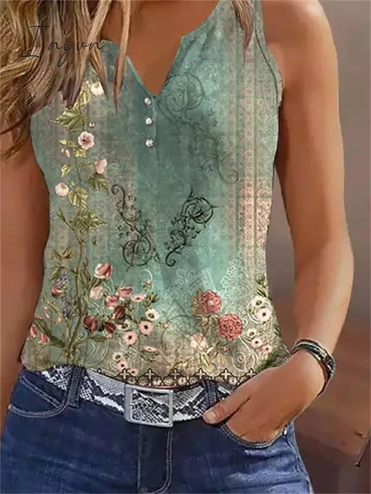 Ingvn - Women's Tank Top White Red Blue Floral Button Print Short Sleeve Casual Holiday Basic V Neck Floral