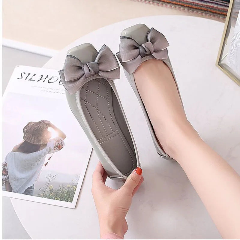 Fashion Square Toe Women Flats Shoes Bow Women Shoes Patent Leather Casual Single Spring Ballerina Shallow Mouth Loafers Shoes